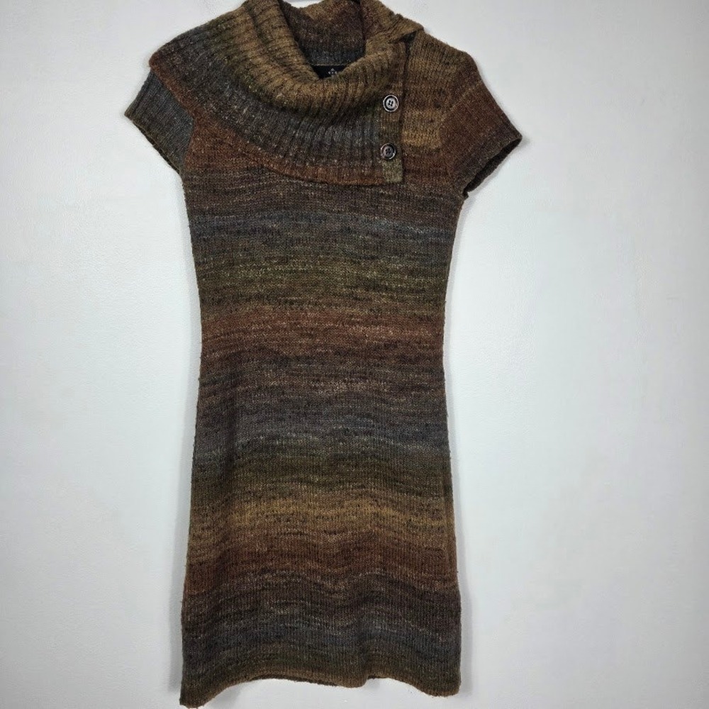 Ronni Nicole Sz S Striped Cowl Neck Short Sleeve Knit Sweater Dress Brown Green‎